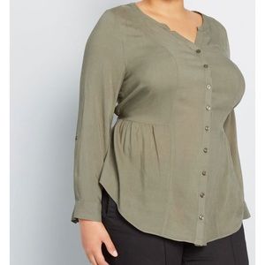 Button Up, drawstring olive green top